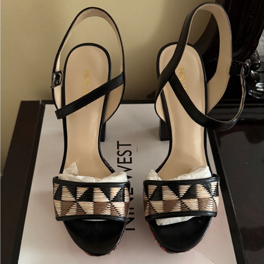 Nine West Black and Tan Heels with Geometric Design